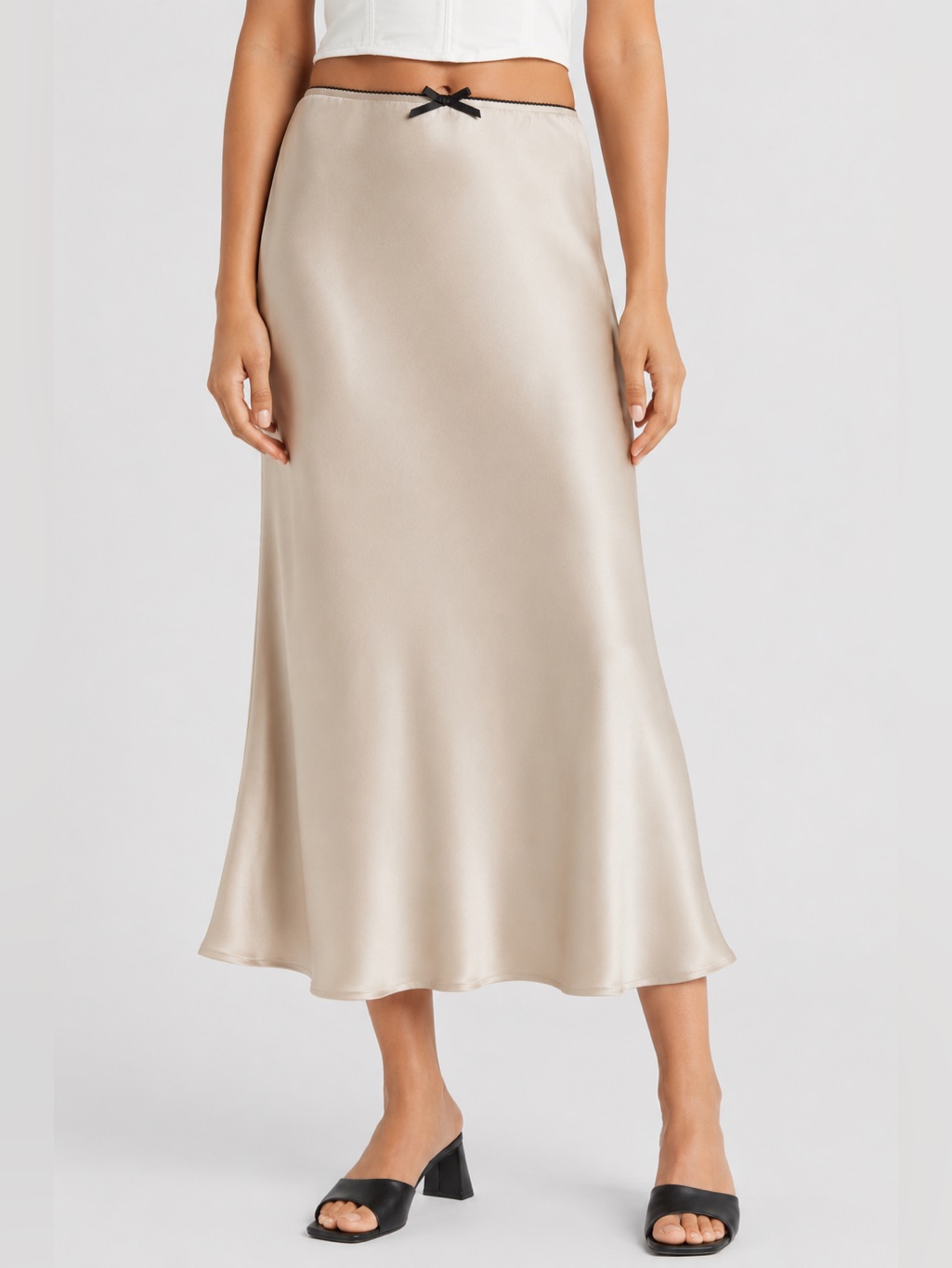 Nwt All In Favor Champagne Satin Midi Skirt Nwt Size Small Bow Trim
